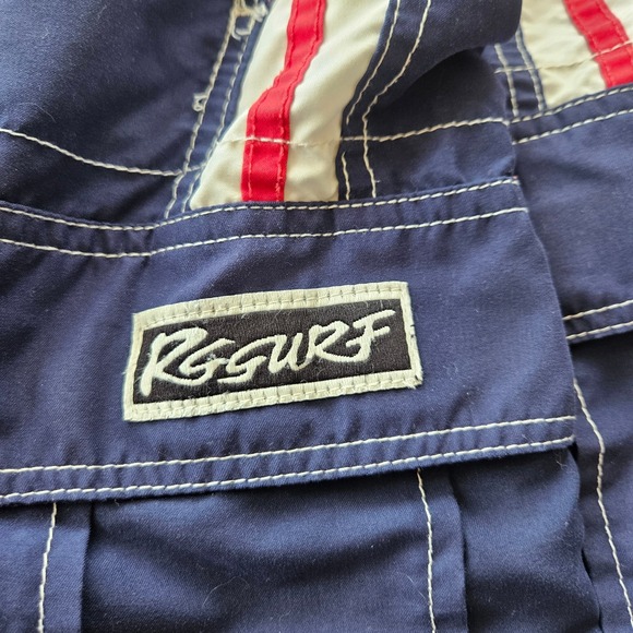 RS Surf Cargo Board Shorts Mens Large Blue 90s Style Swim Trunks Striped Side - Picture 12 of 12
